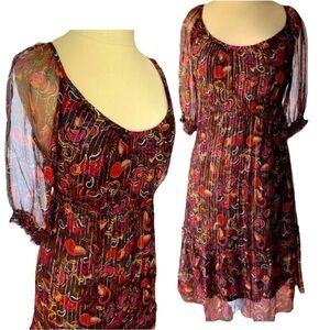 𝅺KENSIE Dreamy Paisley Fall Colors Midi Dress Chiffon 3/4 Sleeves Size Small
